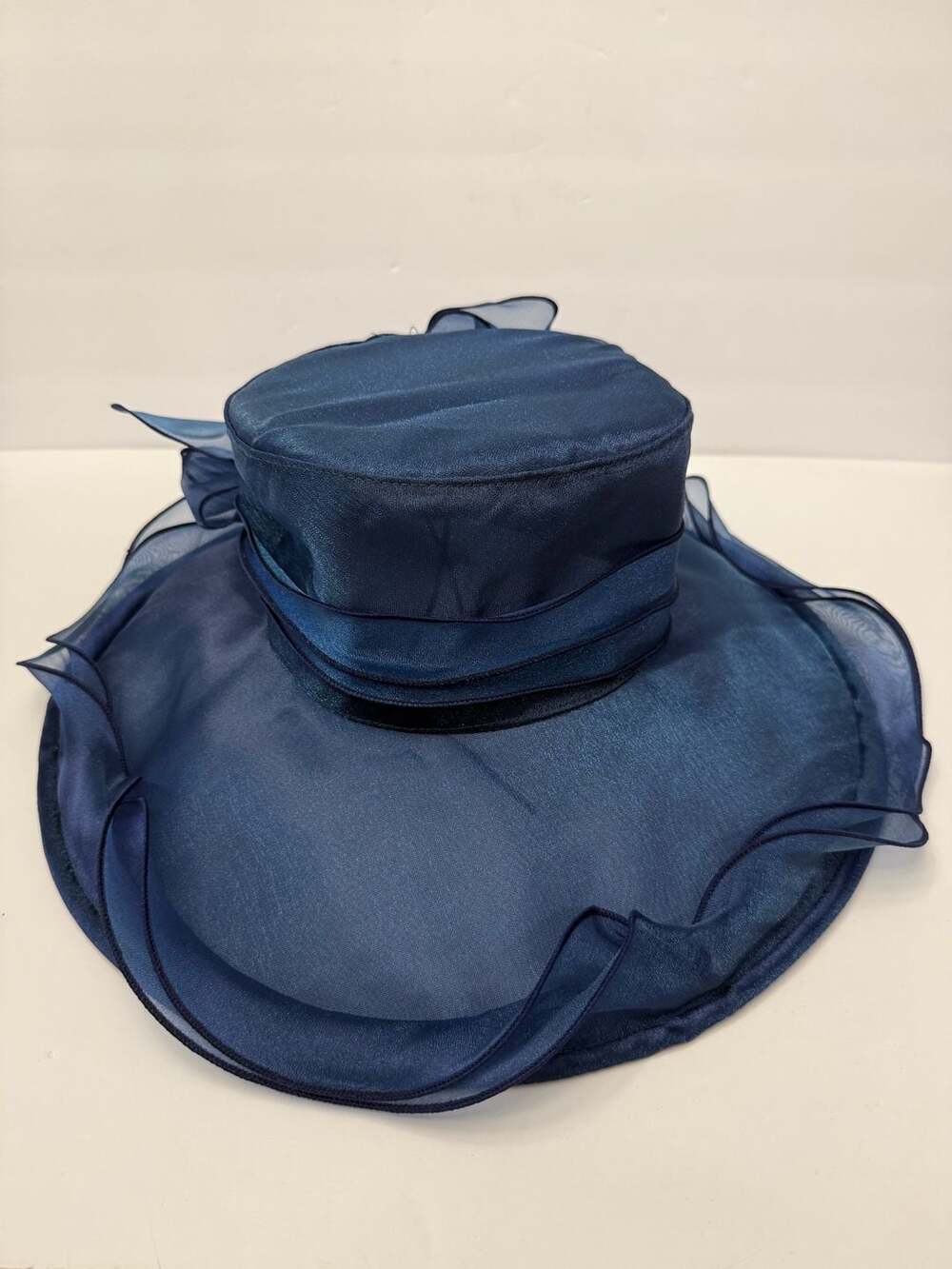 Navy Blue Organza Church Hat with Wide Brim and Floral Accent